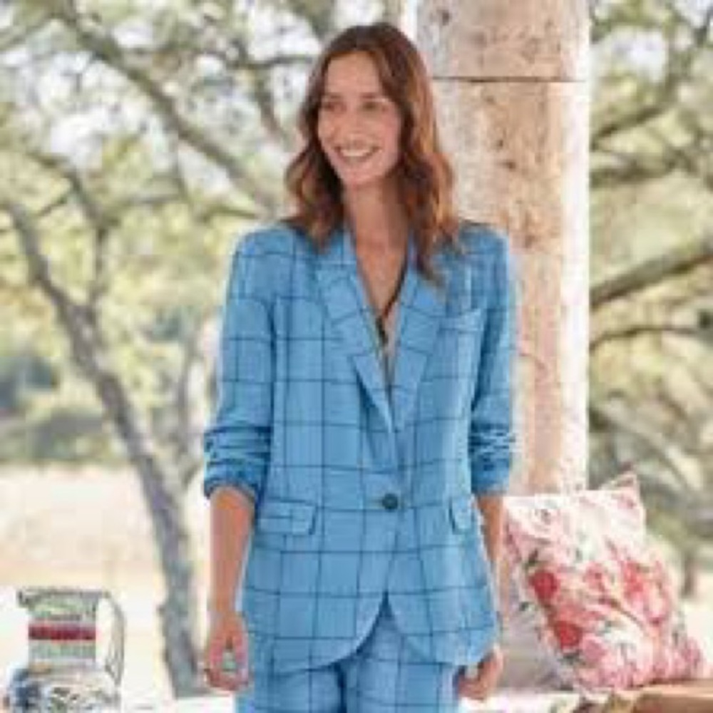 NWT Sundance Iris Blue Windowpane 100% Linen Suit Jacket and Trousers Sz L/12